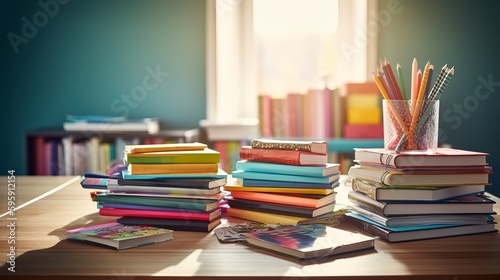 A stack of colored books and pencils on the table. The concept of children's school education. AI generated