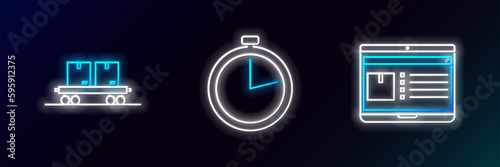 Set line Laptop with app delivery tracking, Railway carriage and Stopwatch icon. Glowing neon. Vector