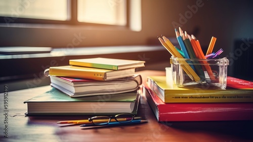 A stack of colored books and pencils on the table. The concept of children's school education. AI generated