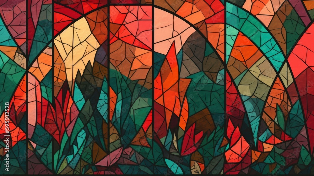 Cathedral Hues: Enchanting Abstract Design Inspired by Stained Glass, Featuring Geometric Shapes in Complementary Shades of Crimson and Forest Green -generative ai 