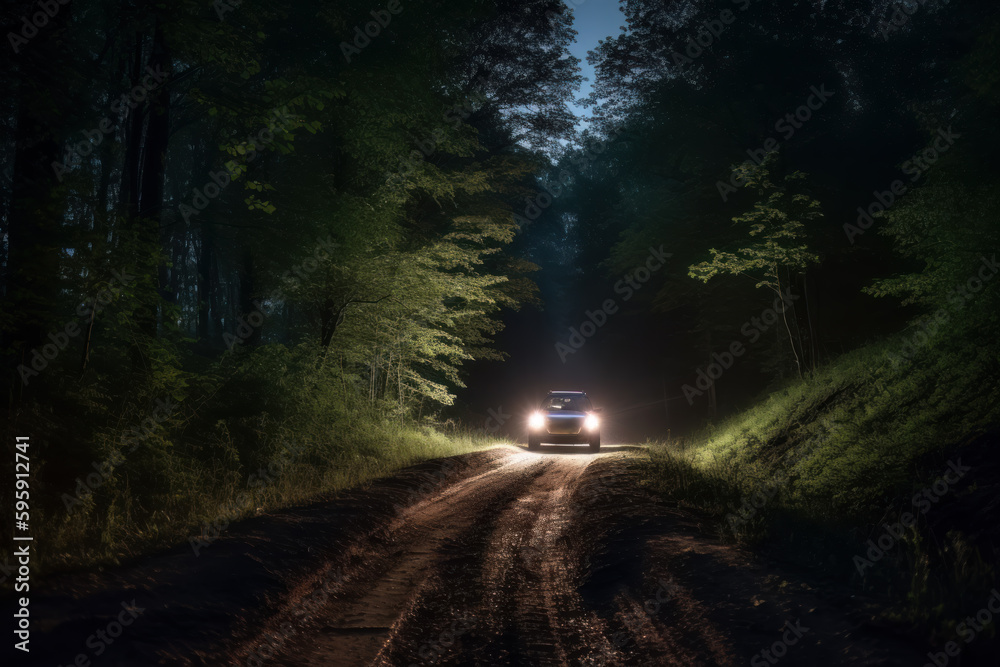 Obraz premium Car on the road through the night forest. Headlights at night. Generative AI
