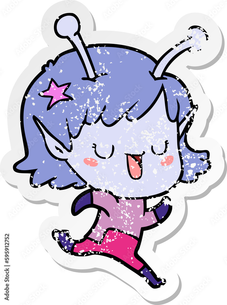 distressed sticker of a happy alien girl cartoon distressed sticker of a happy alien girl cartoon