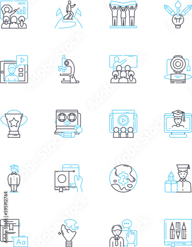 Cyber schooling linear icons set. Virtual, Online, Distance, E-learning, Remote, Digital, Web-based line vector and concept signs. Electronic,Home-bound,Internet-based outline illustrations