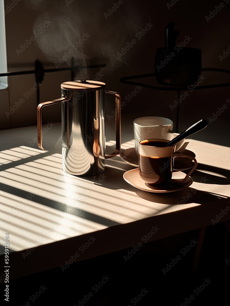 Obraz premium Coffee mug next to a french press, minimal, contemporary illustration made with Generative AI