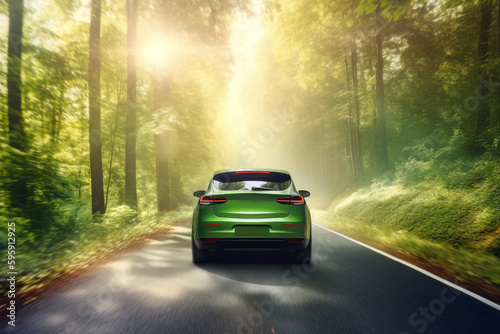 road through the forest electric car rides through the forest. Generative AI