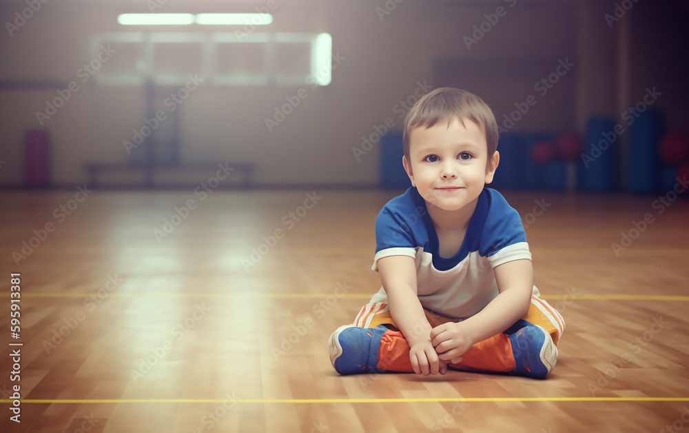 A cheerful toddler sits on the gym floor, his smile and posture radiating pure joy and playful energy in the indoor setting. A cheerful toddler sits on the gym floor, his smile and posture radiating pure joy and playful energy in the indoor setting.