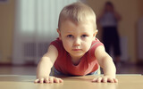 A baby in a focused stance on all fours looks on with determination, a symbol of early development and curiosity.