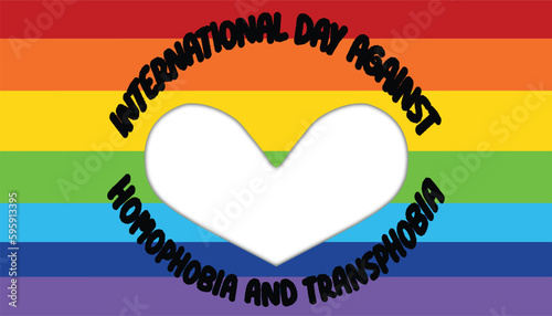International Day Against Homophobia, Transphobia, and Biphobia" (IDAHOTB) template, white heart, rainbow background, editable vector.