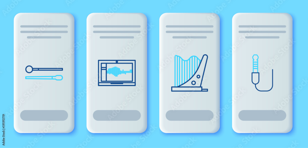 Set line Sound or audio recorder on laptop, Harp, Drum sticks and Audio jack icon. Vector Set line Sound or audio recorder on laptop, Harp, Drum sticks and Audio jack icon. Vector