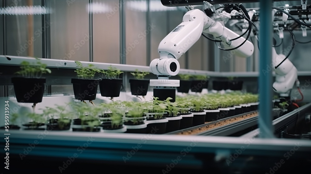 Smart robotic farmer observes and check growth plant. AI generated