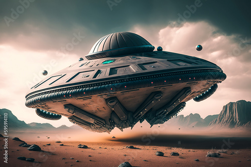 Alien Space Ship. Generative AI. A digital painting of an alien space ship landing.
