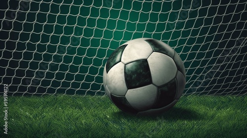 Soccer ball in goal with green background photo realistic. AI generated © ArtStage