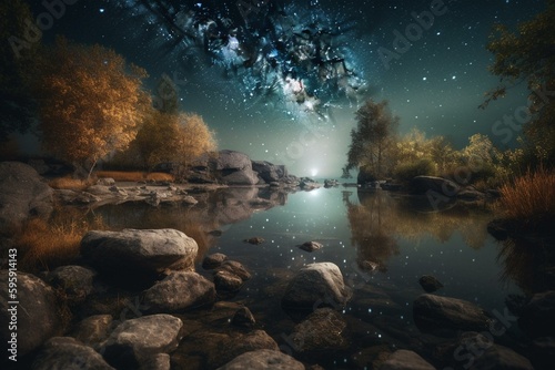 A serene night with a starry sky and a moon reflecting in a lake. Trees and rocks surround the waters. Few stars twinkle above. Generative AI