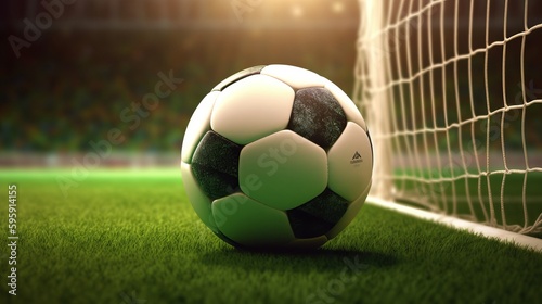 Soccer ball in goal with green background photo realistic. AI generated