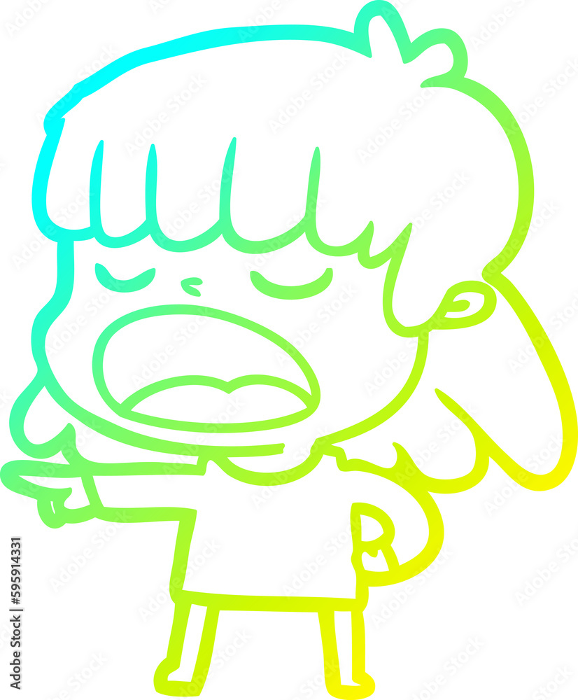 cold gradient line drawing of a cartoon woman talking loudly