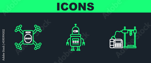 Set line 3D printer, Drone flying with action camera and Robot icon. Vector