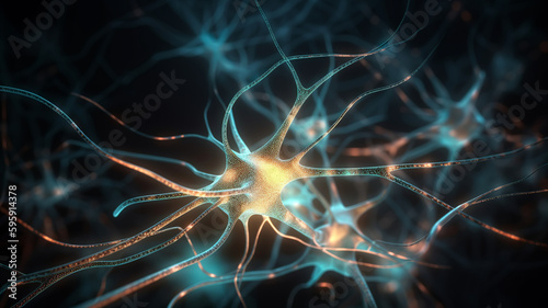 Neuron cells system - 3D rendered image of Neuron cell network, Generative AI