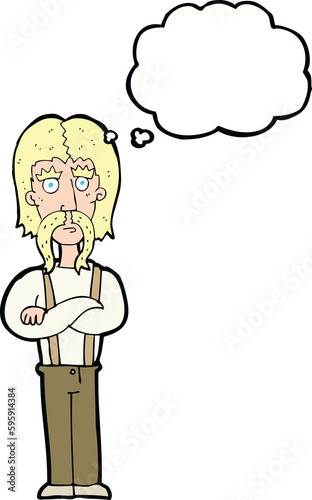 cartoon long mustache man with folded arms with thought bubble