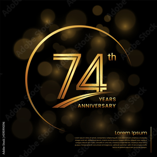 74th Anniversary logo design with double line numbers. Golden number and ring for anniversary celebration event, invitation, poster, banner, flyer, web template. Logo Vector Template