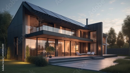 Solar panel modern house with panoramic windows. AI generated