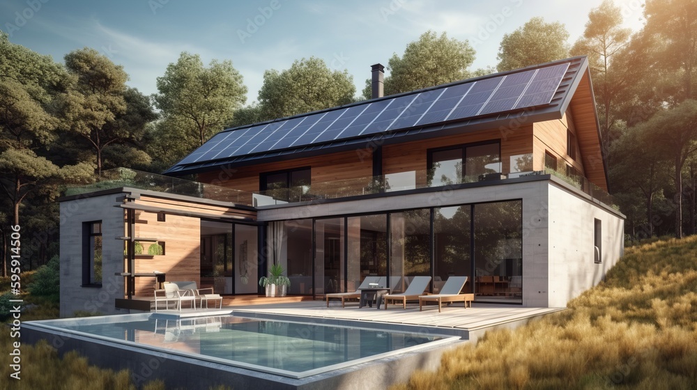 Solar panel modern house with panoramic windows. AI generated