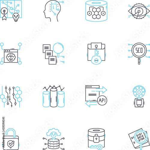 Identity theft linear icons set. Scam, Fraud, Phishing, Victim, Cybercrime, Hack, Stolen line vector and concept signs. Privacy,Breach,Misuse outline illustrations