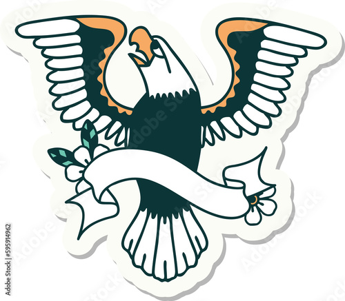 tattoo style sticker with banner of an american eagle