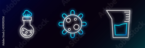 Set line Laboratory glassware or beaker, Test tube and flask chemical and Bacteria icon. Glowing neon. Vector