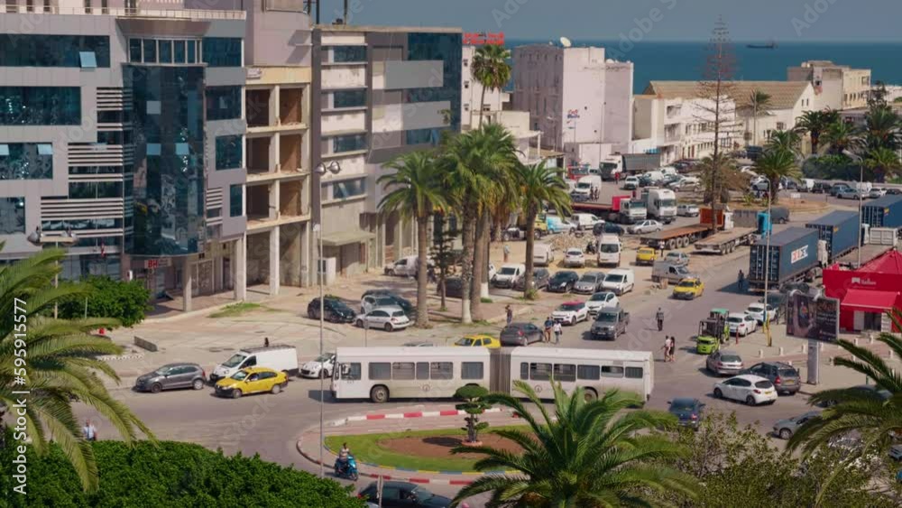 City traffic roundabout in Sousse medina in Tunisia. Top view of the city streets from high point.