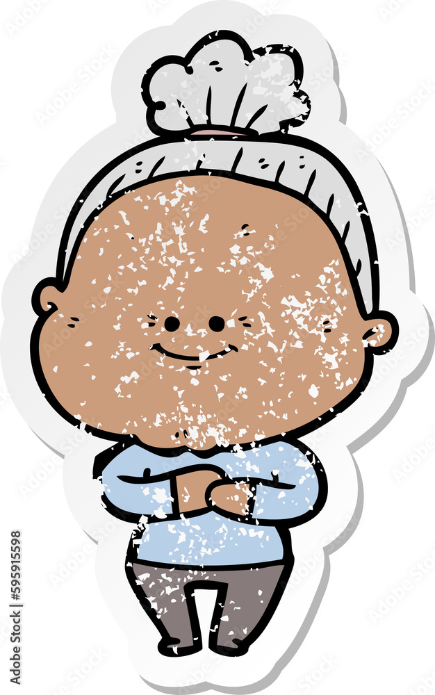 distressed sticker of a cartoon happy old woman distressed sticker of a cartoon happy old woman