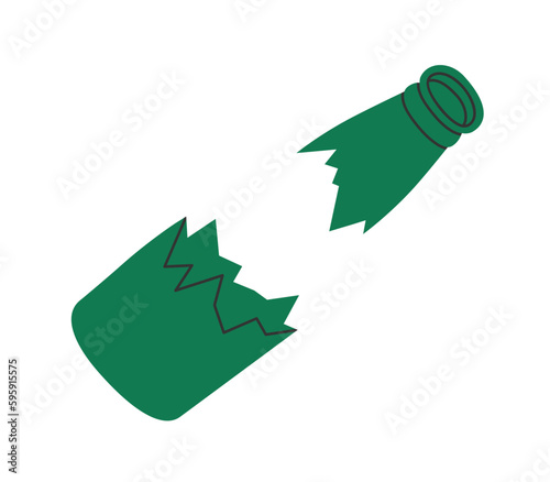 Hand drawn cute cartoon illustration of broken glass bottle. Flat vector fragments with sharp edges, environmental pollution design in colored doodle style. Ecology sticker, icon or print. Isolated.