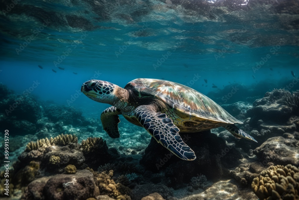 Obraz premium A sea turtle peacefully floating in inky turquoise waters, surrounded by schools of tropical fish and sea lions lazily sunbathing on channel markers. Generative AI