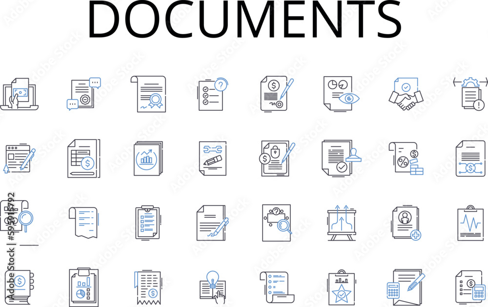 Documents line icons collection. Files, Papers, Records, Forms, Certificates, Archives, Agreements vector and linear illustration. Contracts,Depositions,Evidences outline signs set Documents line icons collection. Files, Papers, Records, Forms, Certificates, Archives, Agreements vector and linear illustration. Contracts,Depositions,Evidences outline signs set