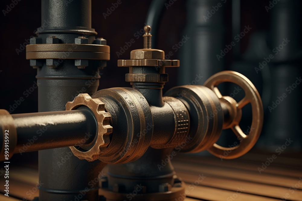 A 3D rendering of gas pipes and a valve. Generative AI