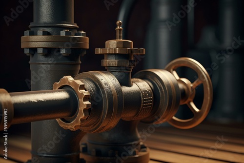 A 3D rendering of gas pipes and a valve. Generative AI