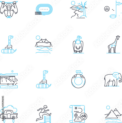 Road trip linear icons set. Adventure, Scenery, Freedom, Excitement, Exploration, Journey, Wanderlust line vector and concept signs. Discovery,Route,Highway outline illustrations