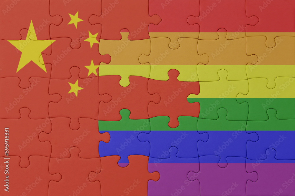 Fototapeta premium puzzle with the flag of rainbow gay pride and china . macro.concept.