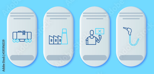 Set line Oil industrial factory building, Nature saving protest, railway cistern and Gasoline pump nozzle icon. Vector