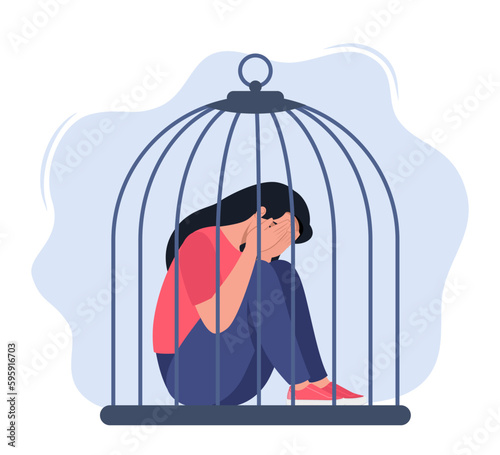 Woman locked in cage. Unhappy female character sitting on floor and hugging knees. Female empowerment movement. Concept of restriction of freedom, domestic violence. Vector illustration.