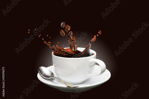 roasted coffee beans falling into splashing coffee of cup on dark background