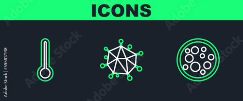 Set line Virus, Medical thermometer and icon. Vector