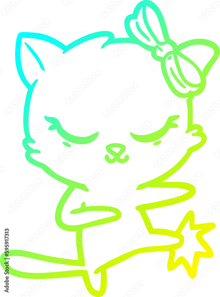 cold gradient line drawing of a cute cartoon cat with bow cold gradient line drawing of a cute cartoon cat with bow
