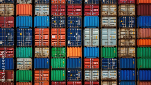 background of stacked shipping and transport industry containers. Generative AI