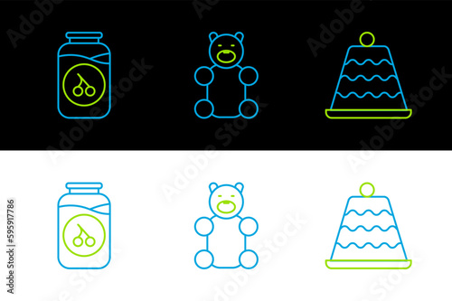 Set line Cake, Cherry jam jar and Jelly bear candy icon. Vector