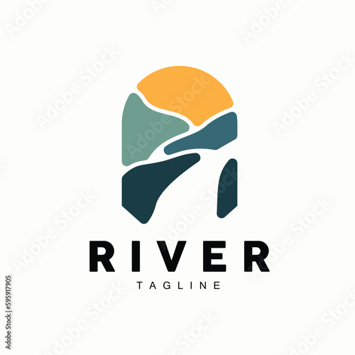 River Logo, Streamer Vector, River Bank, Mountains And Farm Design, Illustration Symbol Icon
