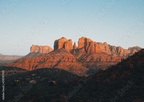 A close up on the sandstone saddle points  or gaps of Cathedral Rock  one of the most famous natural landmarks surrounding the desert town of Sedona  Arizona  in the Coconino National Forest  USA.