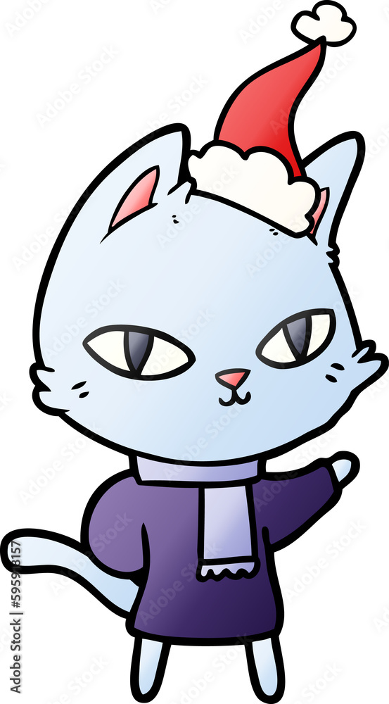 hand drawn gradient cartoon of a cat staring wearing santa hat