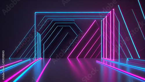Abstract Geometric Background with Pink and Blue Neon Lines Glowing in the Dark  Generative AI 