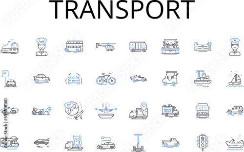 Transport line icons collection. Movement, Carriage, Conveyance, Transfer, Delivery, Shipment, Transit vector and linear illustration. Passage,Traverse,Haulage outline signs set