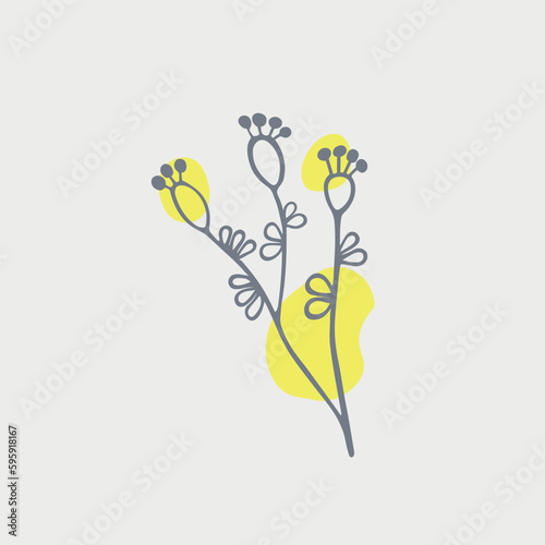 Hand drawn pattern with abstract Scandinavian nature elements on white background with pink spots. Doodle template for design. Vector illustration 